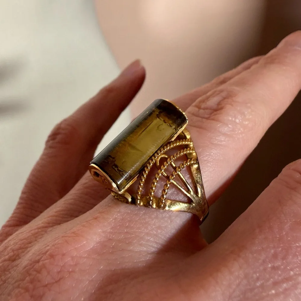 Vintage art deco Smoky Quartz cabochon gold plated oversized cocktail Ring